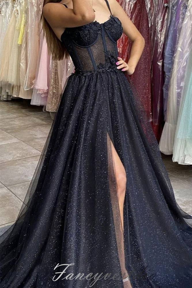 Glitter Black Straps Tulle A-Line Prom Dress with Slit