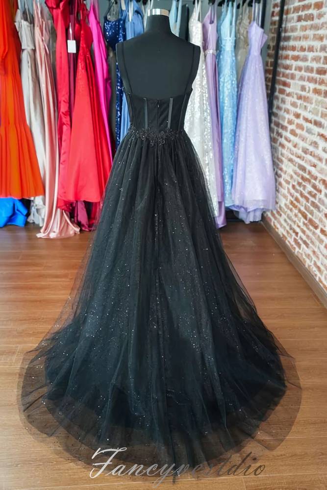 Glitter Black Straps Tulle A-Line Prom Dress with Slit