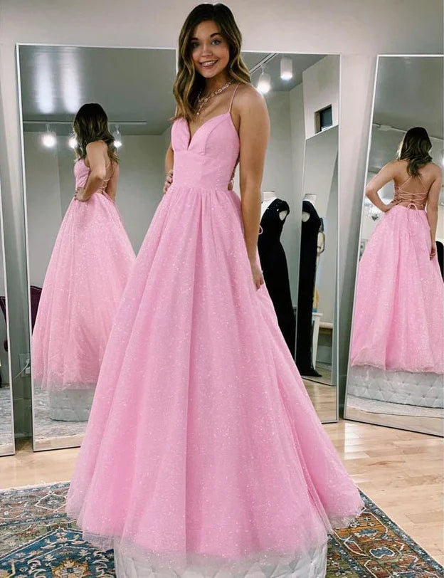 Glitter Pink Straps A-Line Tulle Prom Dress with Lace-up Back