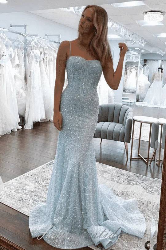 Straps Blue Sweetheart Sequin Mermaid Prom Dress