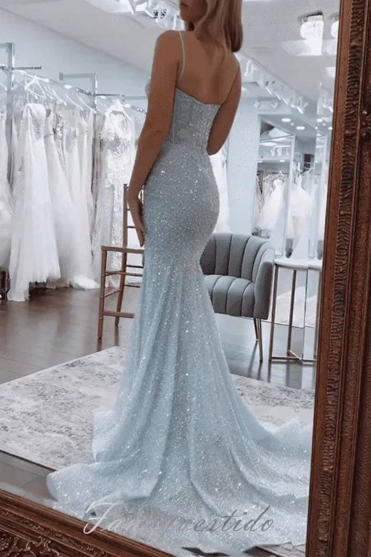 Straps Blue Sweetheart Sequin Mermaid Prom Dress