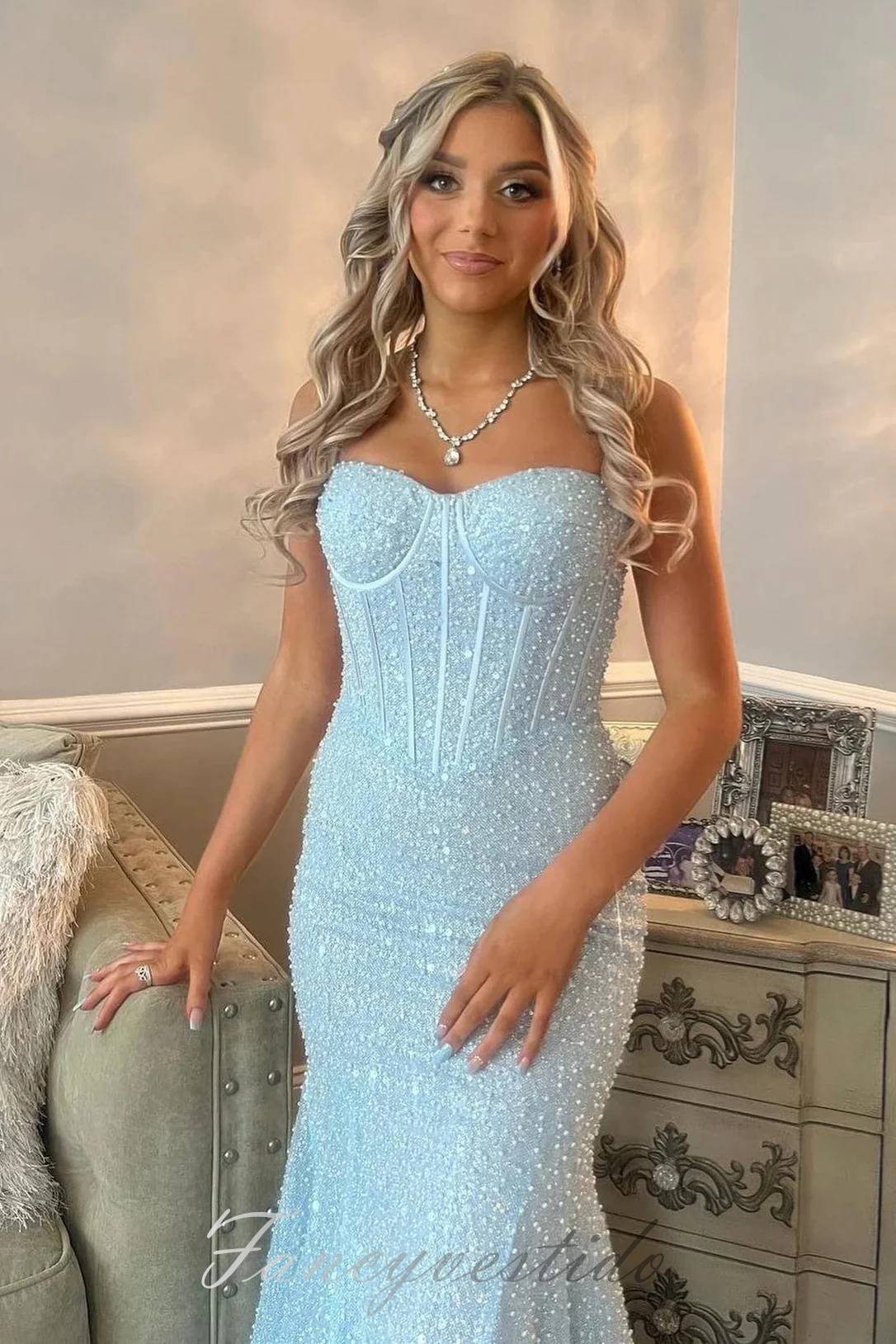 Straps Blue Sweetheart Sequin Mermaid Prom Dress