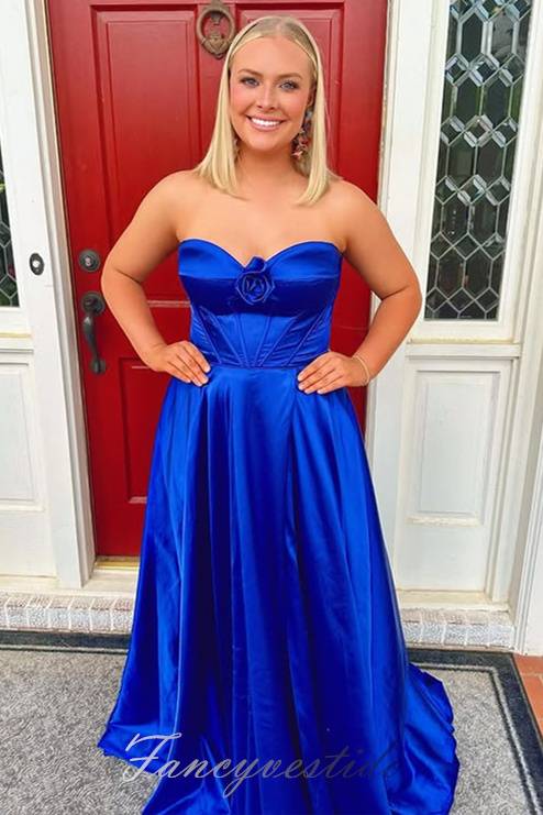 Royal Blue Sweetheart Satin A-Line Prom Dress with Floral