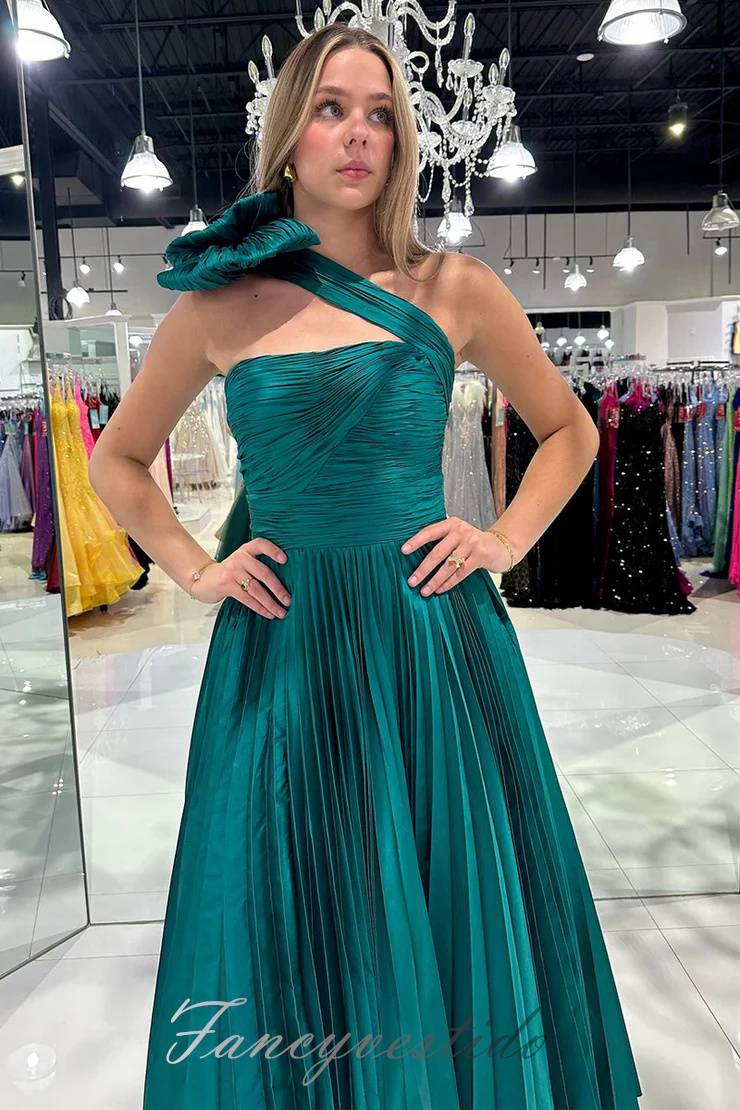 Teal One Shoulder Pleated A-Line Prom Dress with Bow    