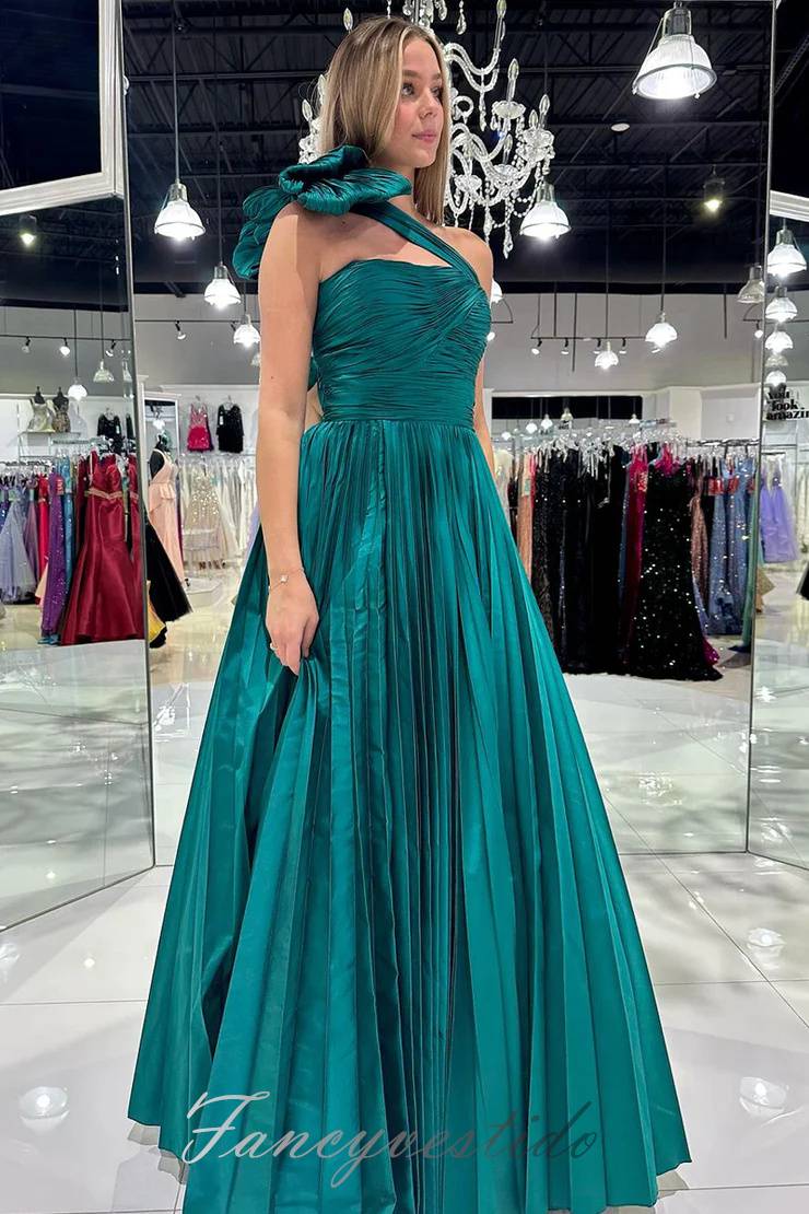 Teal One Shoulder Pleated A-Line Prom Dress with Bow    