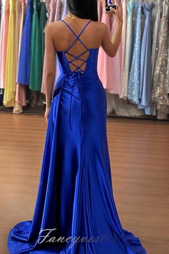 Royal Blue Pleated Lace-up Long Prom Dress with Slit