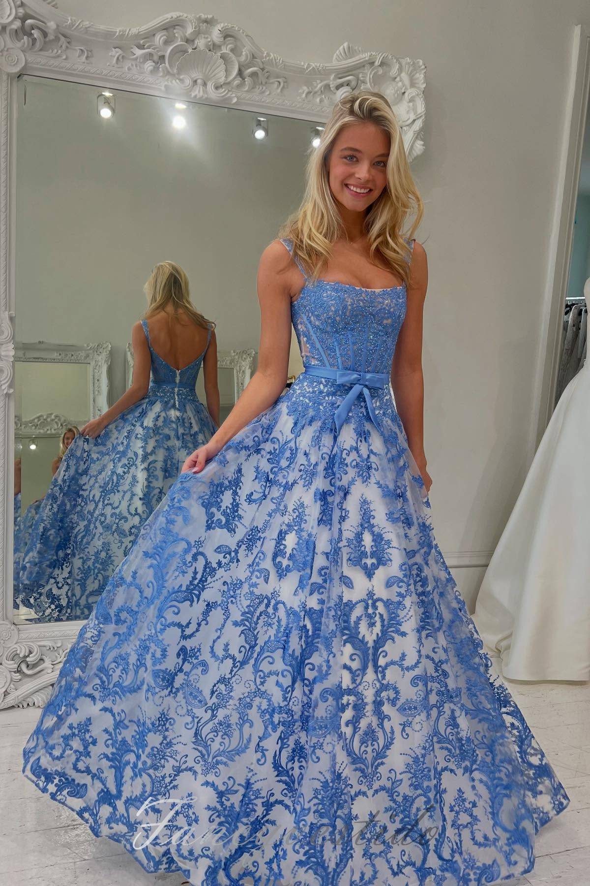 Square Neck Blue Lace Applique A-Line Prom Dress