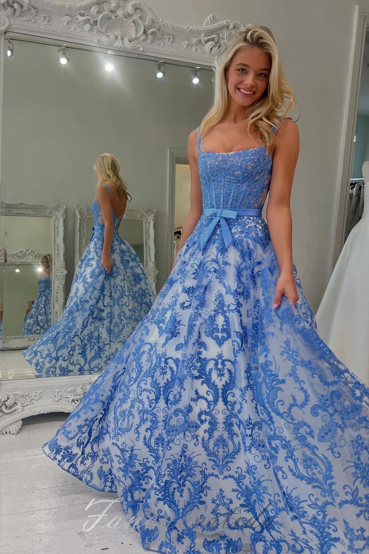 Square Neck Blue Lace Applique A-Line Prom Dress