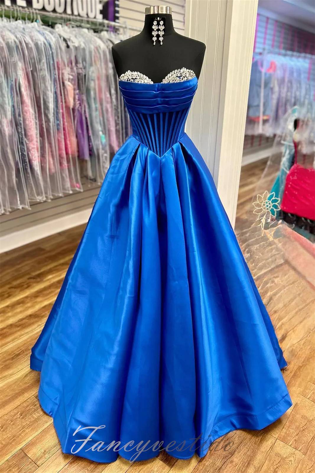 Elegant Strapless Blue Beaded Corset A-Line Prom Dress