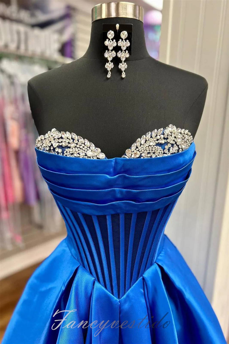 Elegant Strapless Blue Beaded Corset A-Line Prom Dress