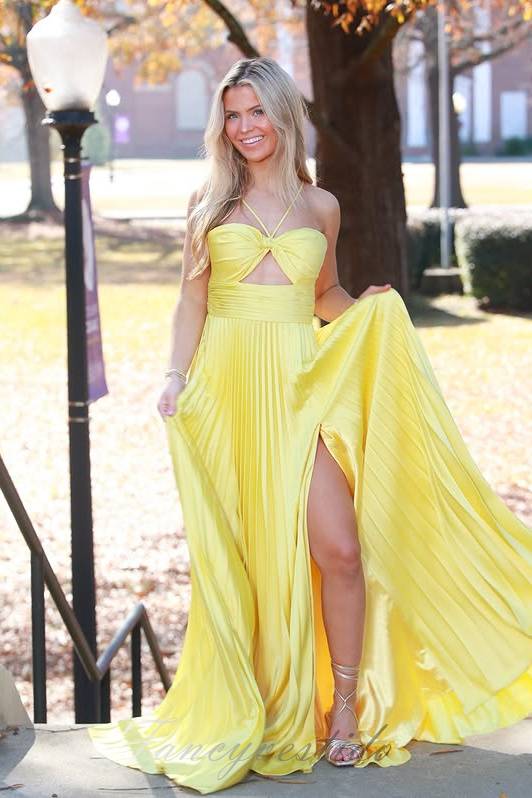 Halter Elegant Yellow Pleated A-Line Prom Dress with Slit