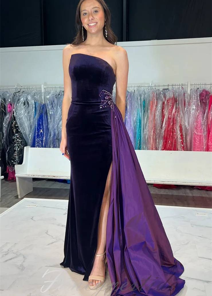 Asymmetrial Velvet Slit Mermaid Prom Dress with Train