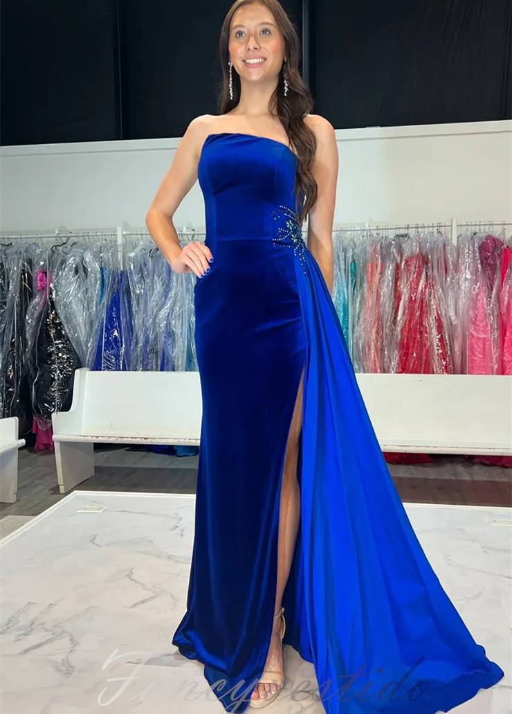 Asymmetrial Velvet Slit Mermaid Prom Dress with Train