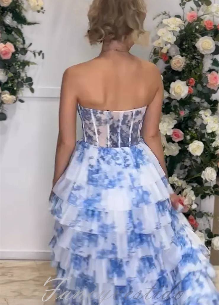 Sweetheart Blue Floral Print Long Tiered Prom Dress