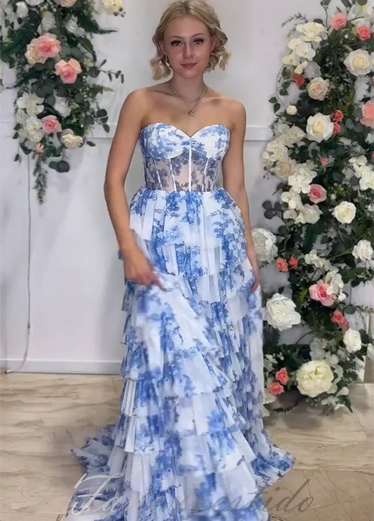 Sweetheart Blue Floral Print Long Tiered Prom Dress