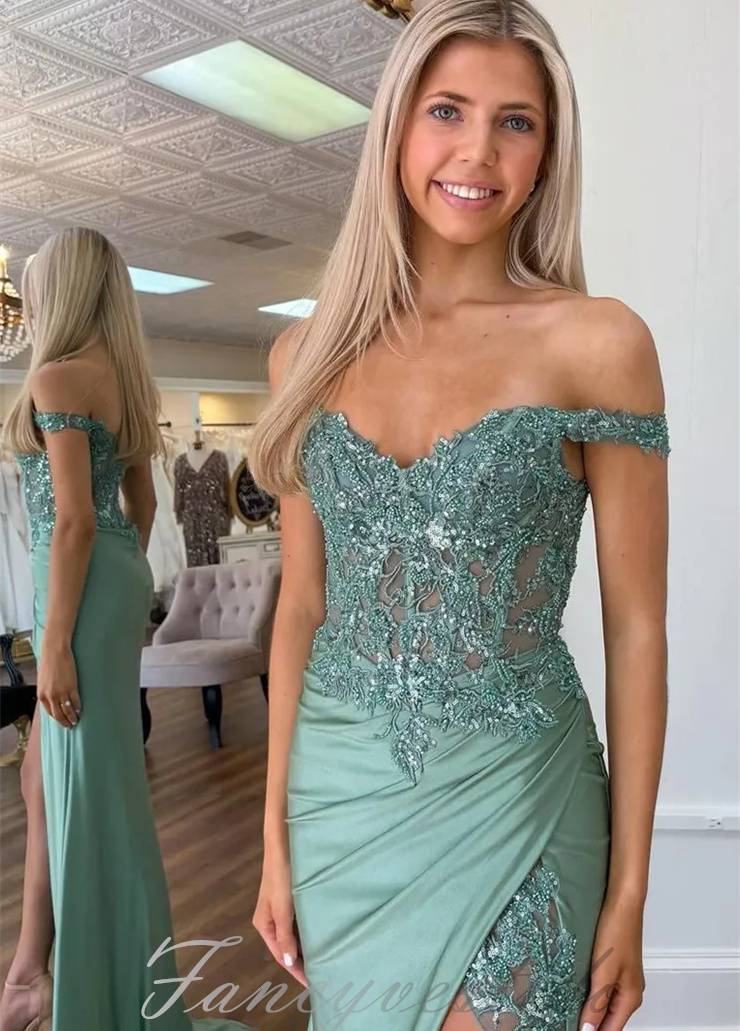 Off the Shoulder Applique Pleated Mermaid Prom Dress