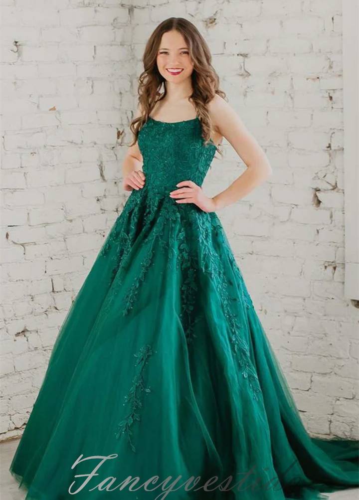 Emerald Green Crew Neck Applique A-Line Prom Dress