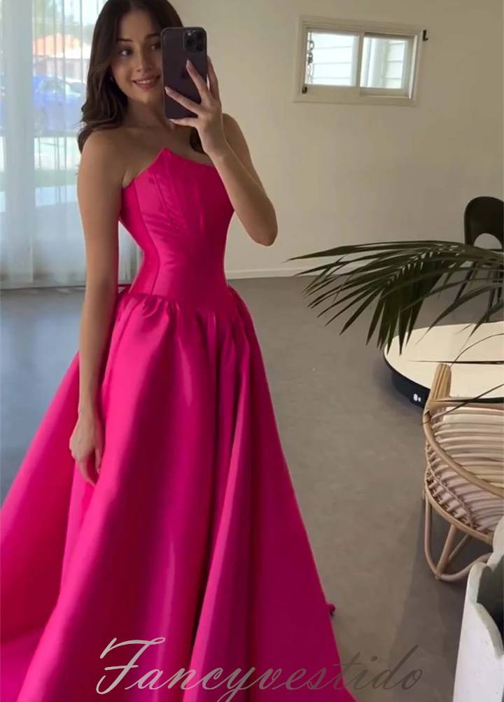 Hot Pink Crew Neck Corset Satin A-Line Prom Dress