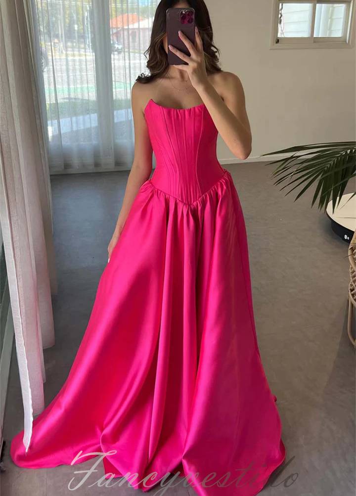 Hot Pink Crew Neck Corset Satin A-Line Prom Dress