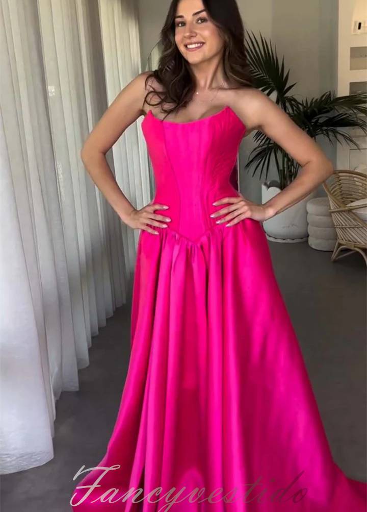 Hot Pink Crew Neck Corset Satin A-Line Prom Dress