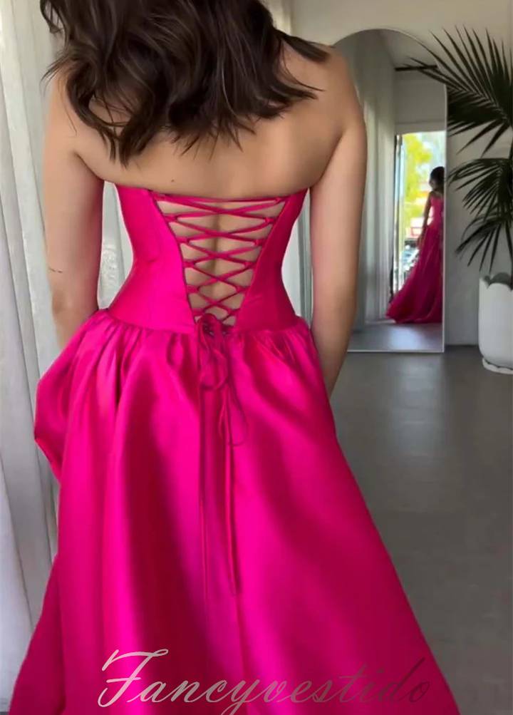 Hot Pink Crew Neck Corset Satin A-Line Prom Dress