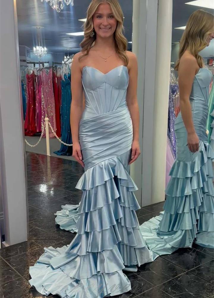 Sweetheart Corset Tiered Satin Mermaid Prom Dress