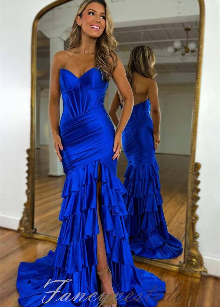 Sweetheart Corset Tiered Satin Mermaid Prom Dress