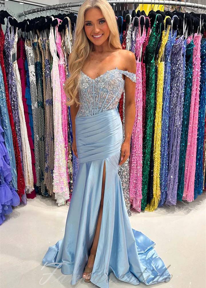 Off-Shoulder Baby Blue Applique Mermaidl Prom Dress with Slit