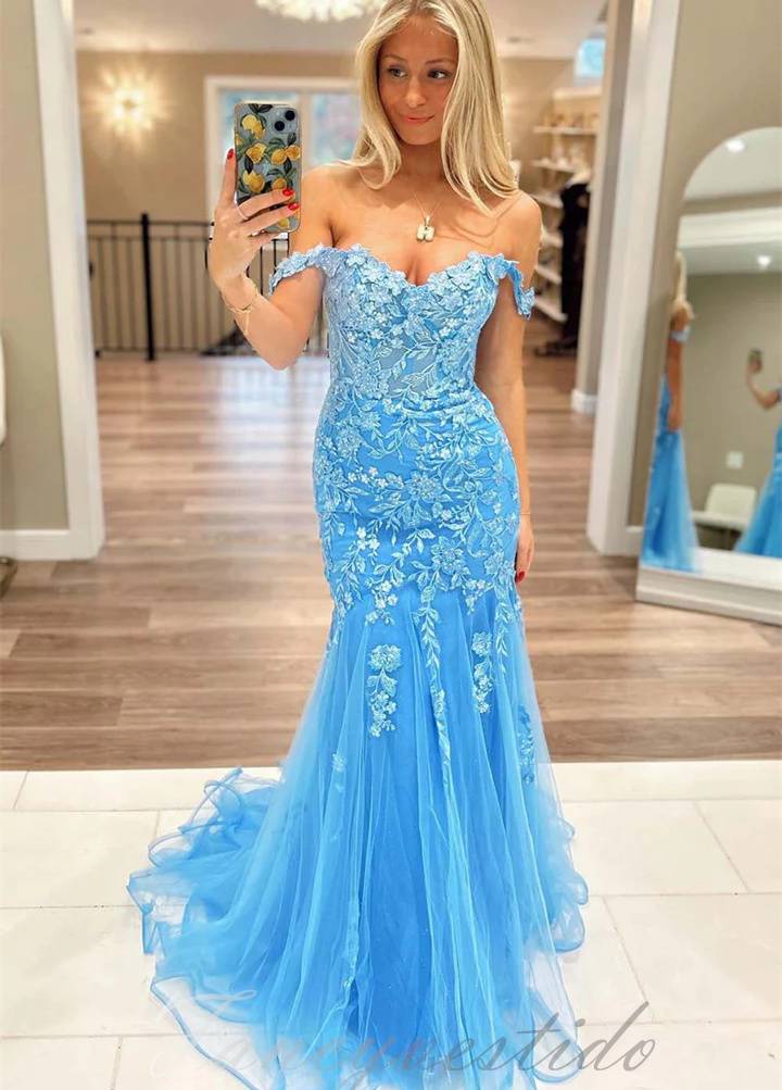 Blue Applique Mermaidl Tulle Prom Dress with Off-Shoulder