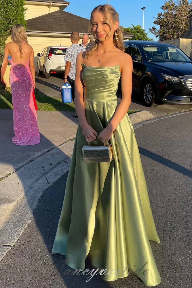 Sage Green Strapless Pleated Satin A-Line Prom Dress