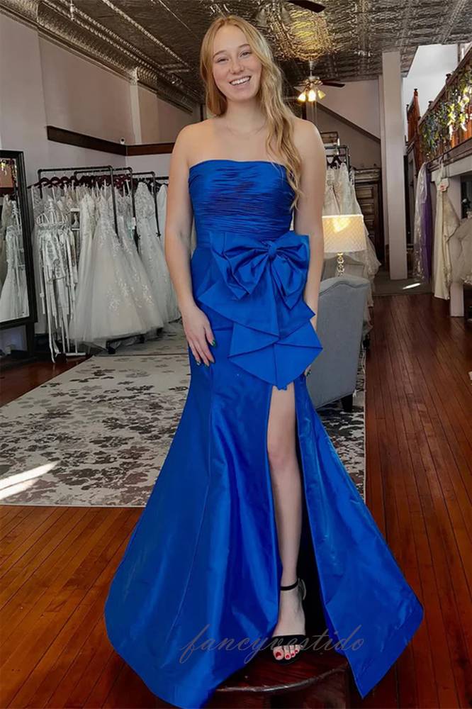 Blue Strapless Pleated Slit Mermaid Prom Dress with Bow