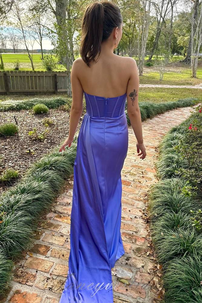 Periwinkle Crew Neck Pleated Slit Mermaid Prom Dress with Train