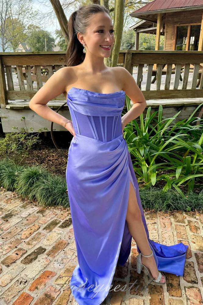 Periwinkle Crew Neck Pleated Slit Mermaid Prom Dress with Train