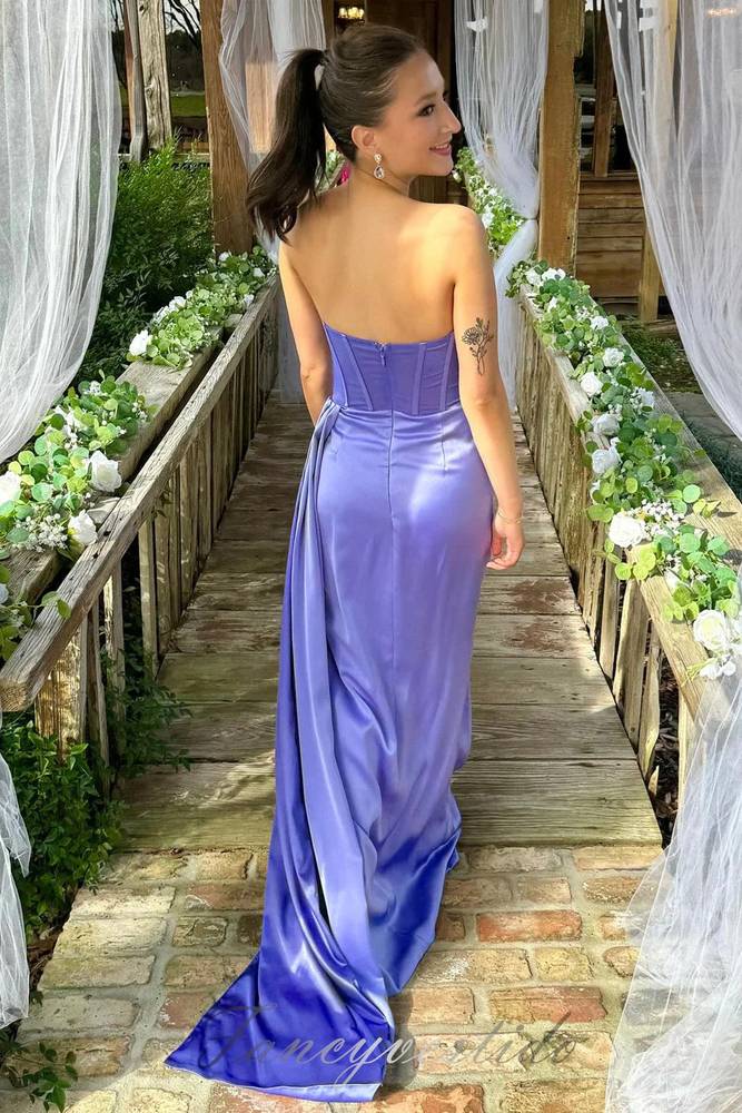 Periwinkle Crew Neck Pleated Slit Mermaid Prom Dress with Train