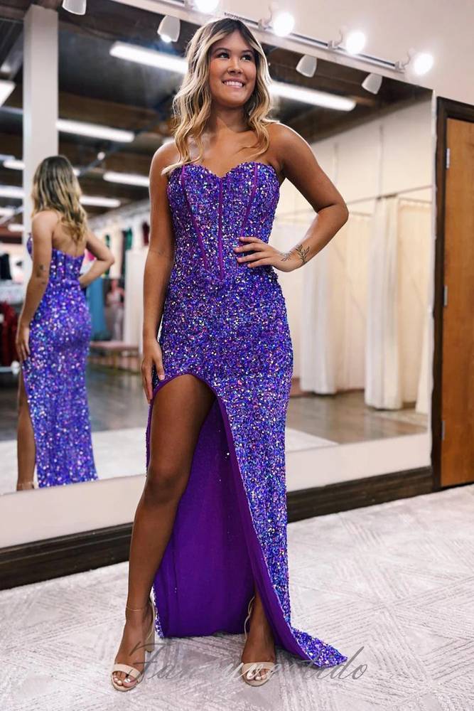 Sky Blue Sweetheart Sequin Mermaid Prom Dress with Slit