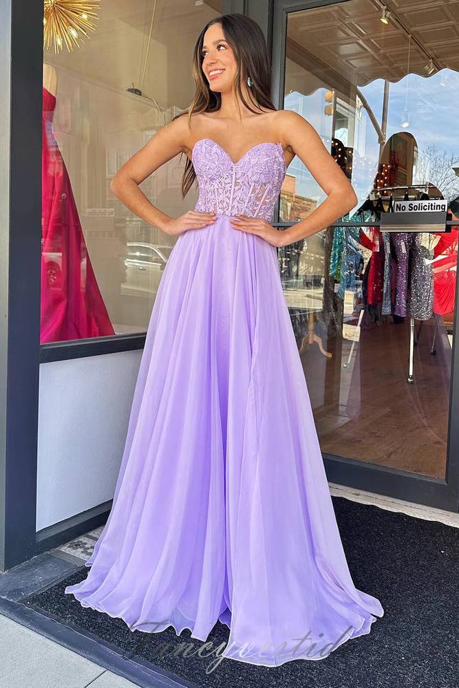 Sweetheart Lilac Applique Slit Prom Dress with Detachable Sleeves