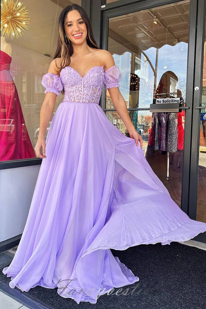 Sweetheart Lilac Applique Slit Prom Dress with Detachable Sleeves