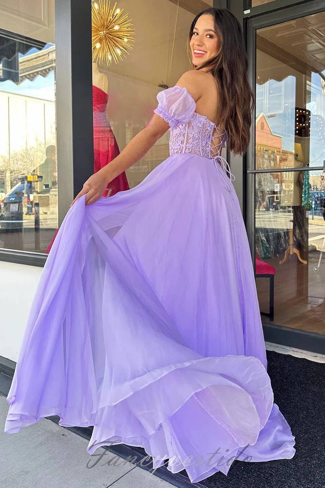 Sweetheart Lilac Applique Slit Prom Dress with Detachable Sleeves