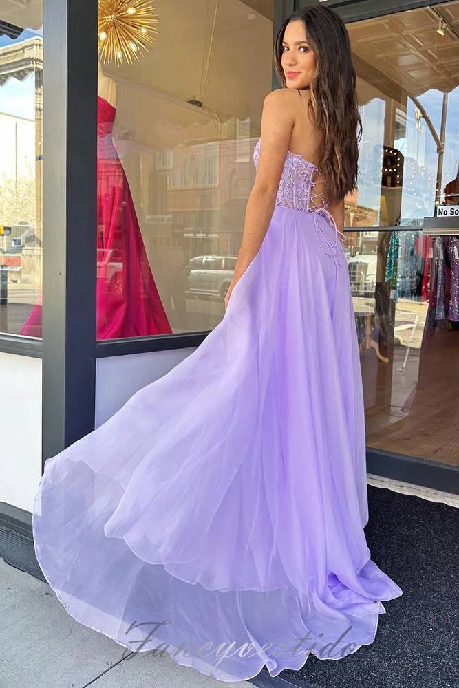 Sweetheart Lilac Applique Slit Prom Dress with Detachable Sleeves