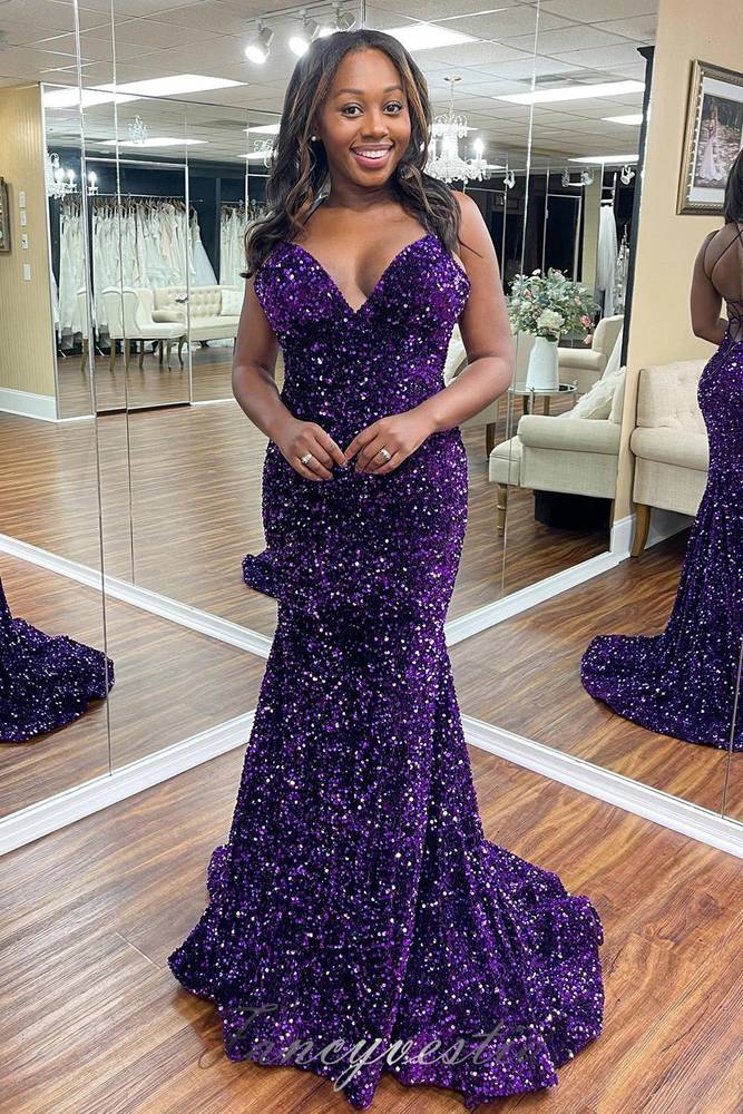 Gorgeous V-Neck Gold Sequin Mermaid Prom Dress