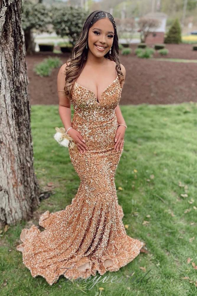 Gorgeous V-Neck Gold Sequin Mermaid Prom Dress