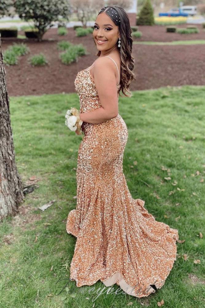 Gorgeous V-Neck Gold Sequin Mermaid Prom Dress