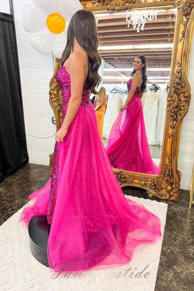 Gorgeous Fuchsia Sequin Mermaid Prom Dress with Train