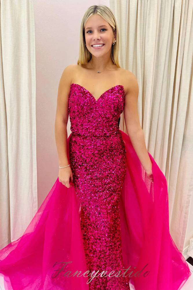 Gorgeous Fuchsia Sequin Mermaid Prom Dress with Train