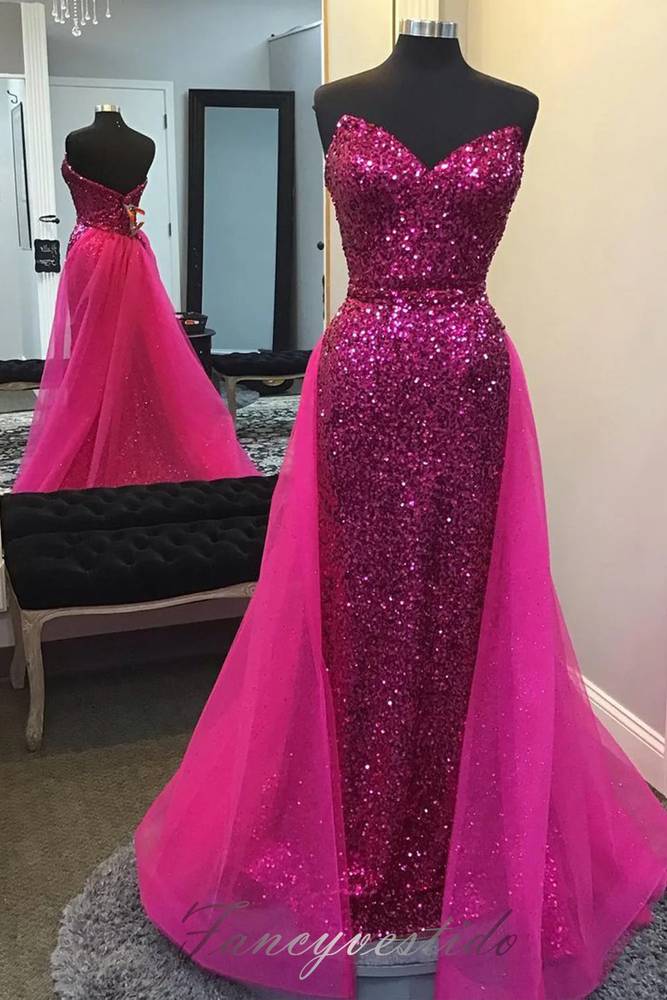 Gorgeous Fuchsia Sequin Mermaid Prom Dress with Train