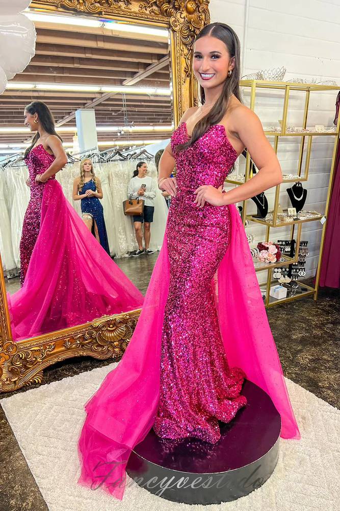 Gorgeous Fuchsia Sequin Mermaid Prom Dress with Train