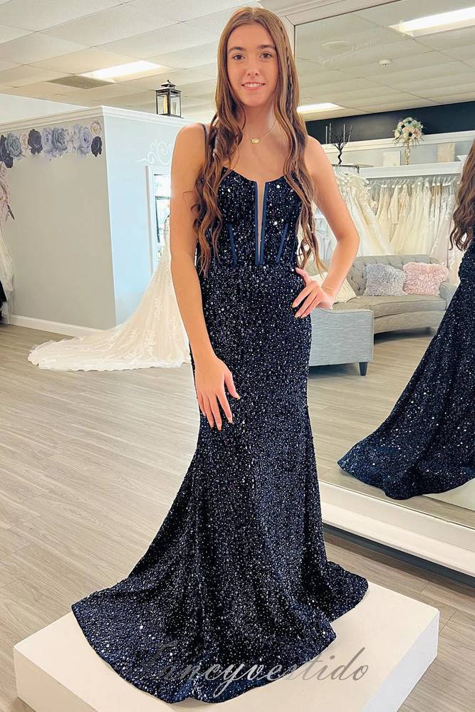 Elegant Straps Royal Blue Sequin Mermaid Prom Dress