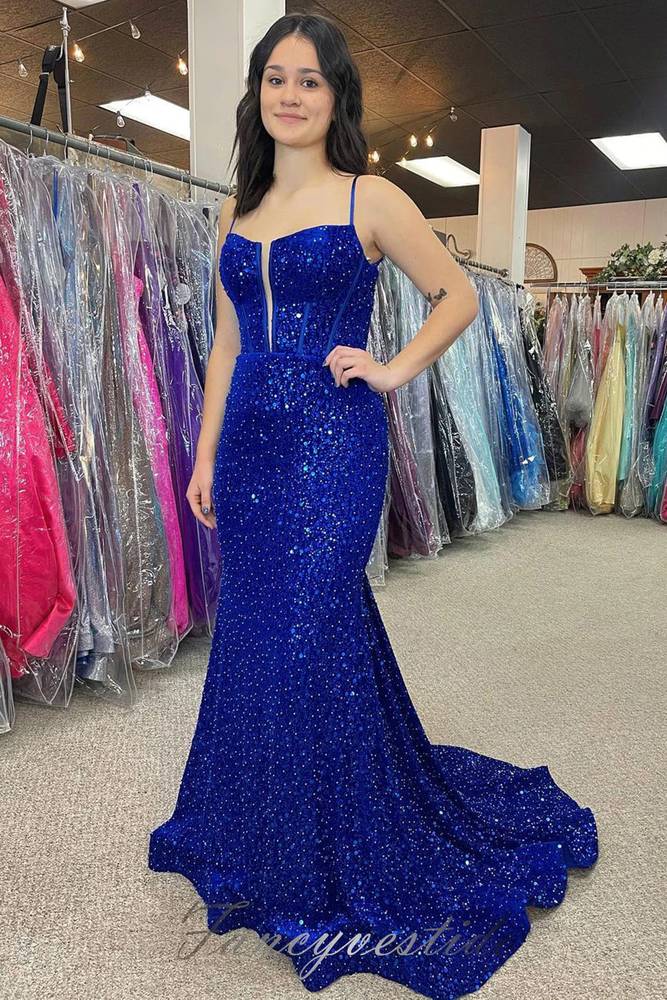 Elegant Straps Royal Blue Sequin Mermaid Prom Dress