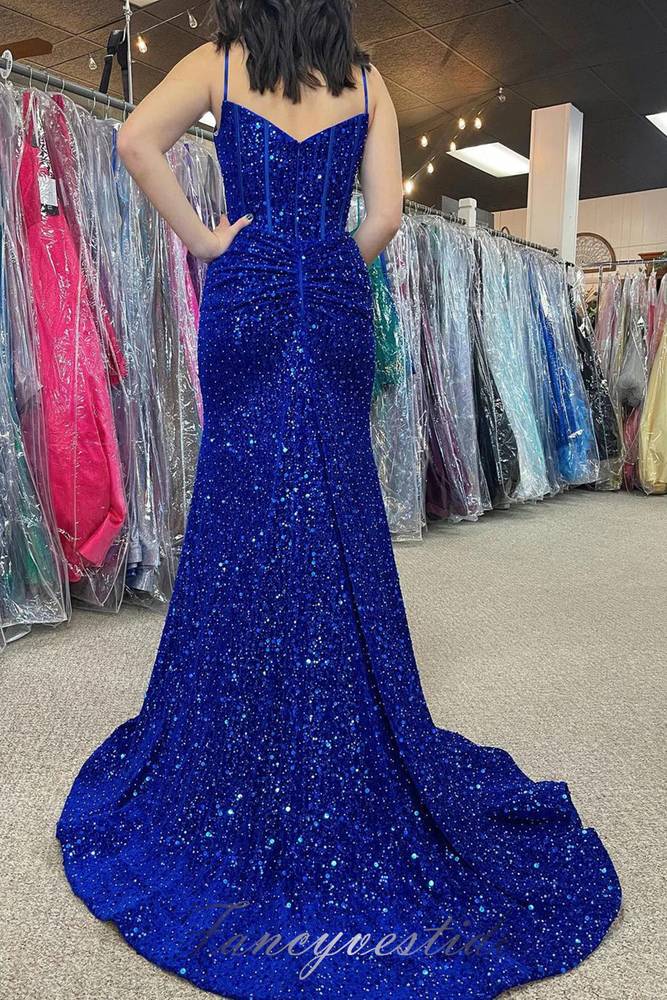 Elegant Straps Royal Blue Sequin Mermaid Prom Dress