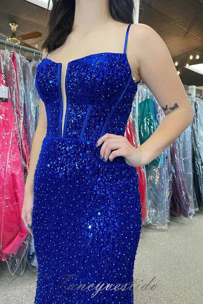 Elegant Straps Royal Blue Sequin Mermaid Prom Dress